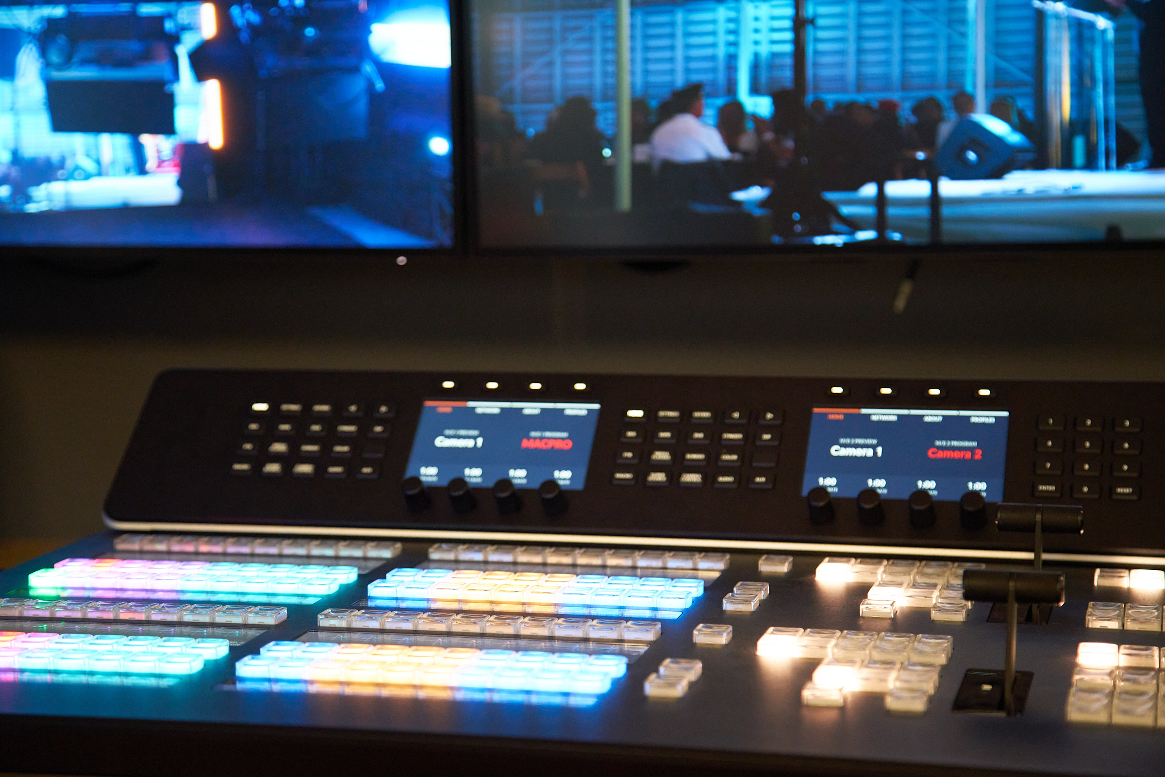 Hybrid events services showing video switcher and cameras at a live event